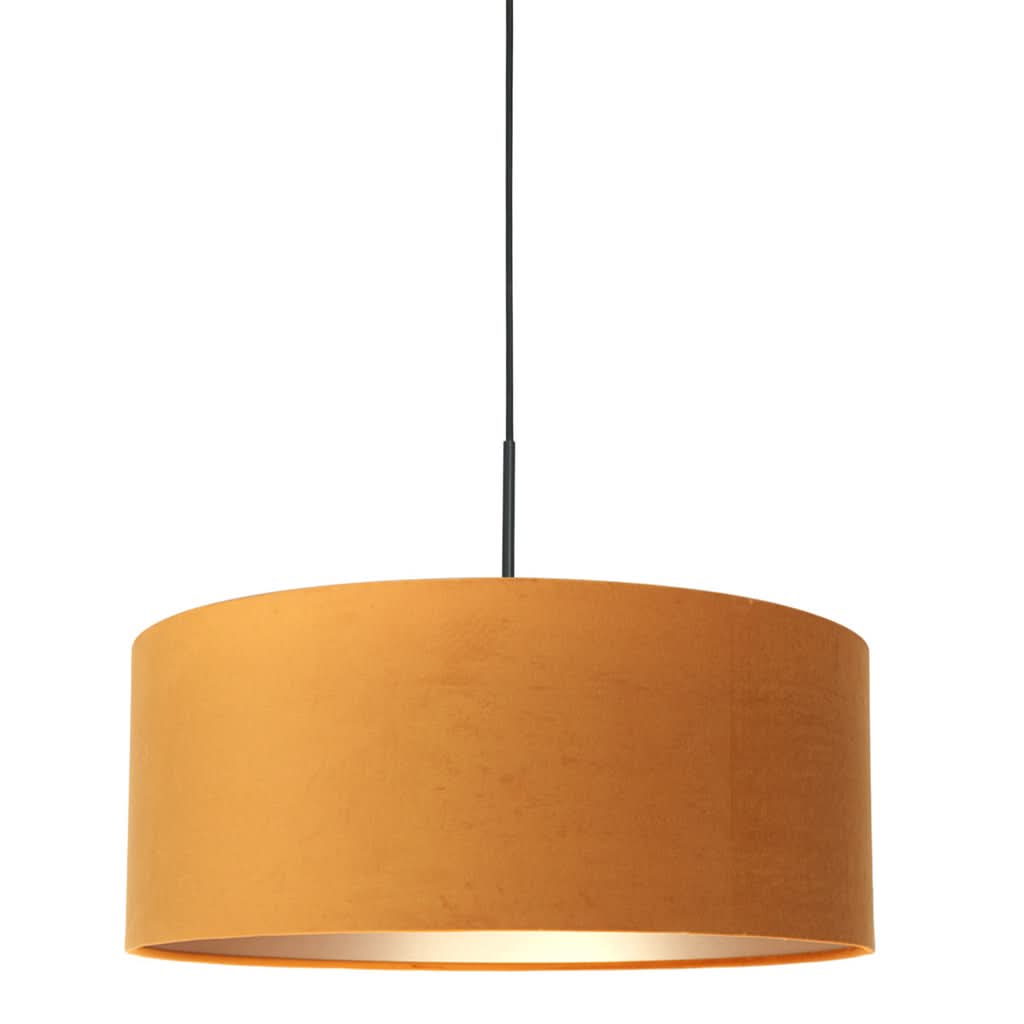 Suspension velours doré, abat-jour tambour ocre Ø 50 cm, vue d'ensemble
