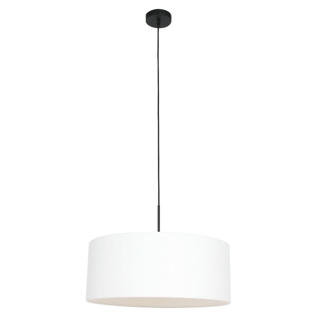 Vue complète du luminaire suspendu avec rosace noire fixée au plafond.