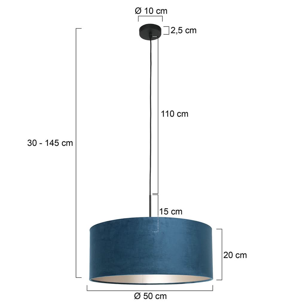 Schéma coté indiquant diamètre 50 cm, hauteur 20 cm et câble 110 cm.