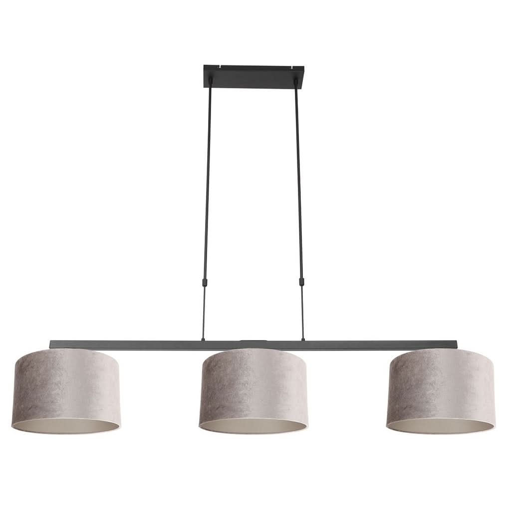 Suspension barre velours gris Velsa, vue de face sur les 3 abat-jours