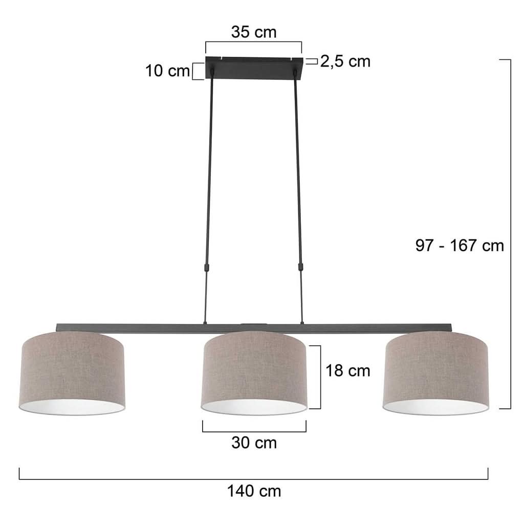 Dimensions de la suspension 3 lampes : largeur 140 cm, hauteur réglable 97 à 167 cm