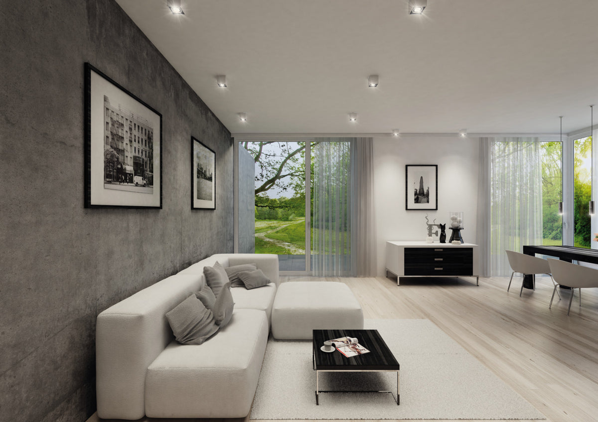 Mise en ambiance d'un séjour moderne avec plusieurs plafonniers cubiques blancs au plafond.