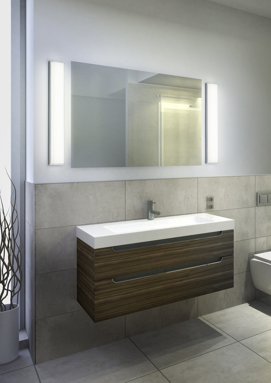 Mise en ambiance salle de bain avec deux appliques encadrant un miroir