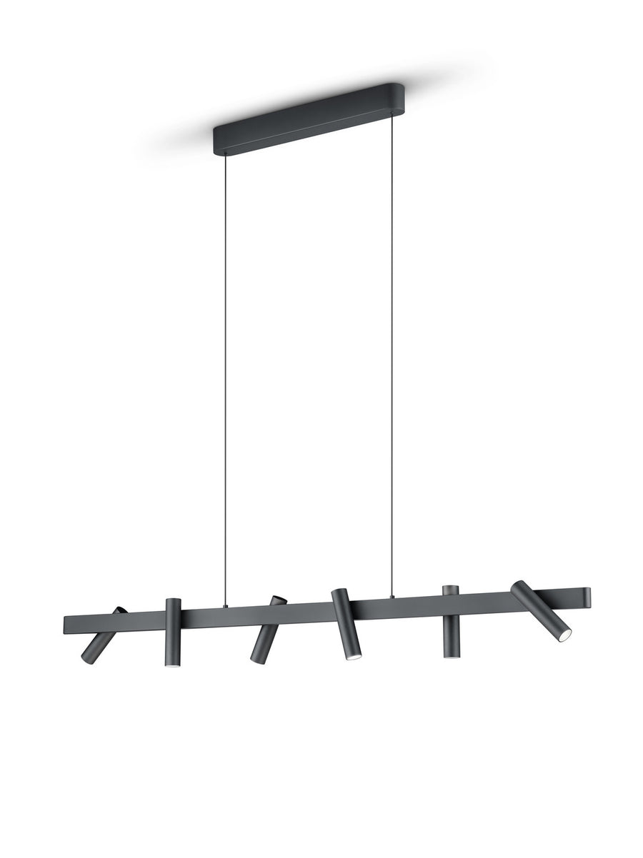 Vue de face sur fond blanc du luminaire suspendu noir à six spots