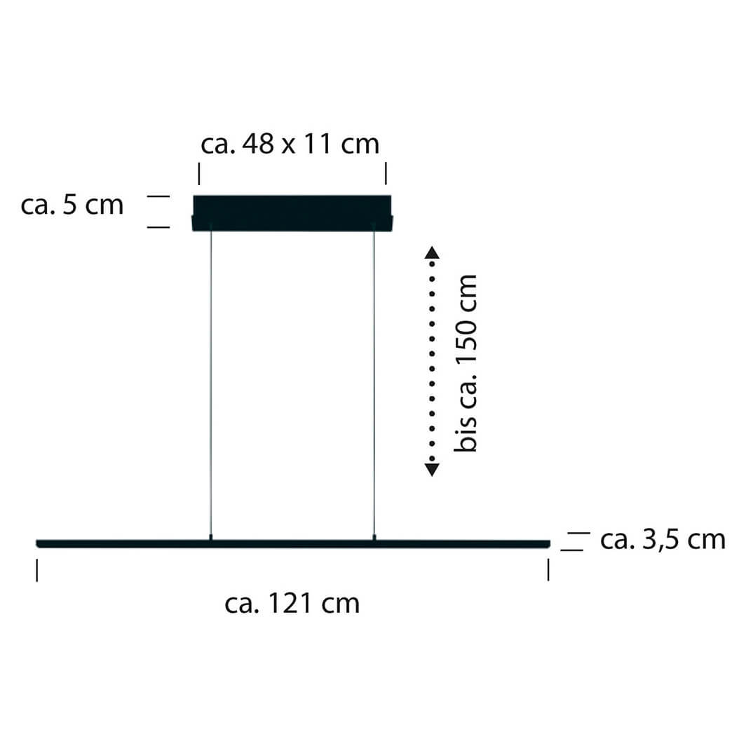 Schéma coté du luminaire : longueur 121 cm, câbles environ 150 cm