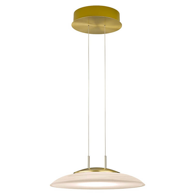 Profil du luminaire suspendu, révélant les câbles fins et la coupole fixée au plafond.