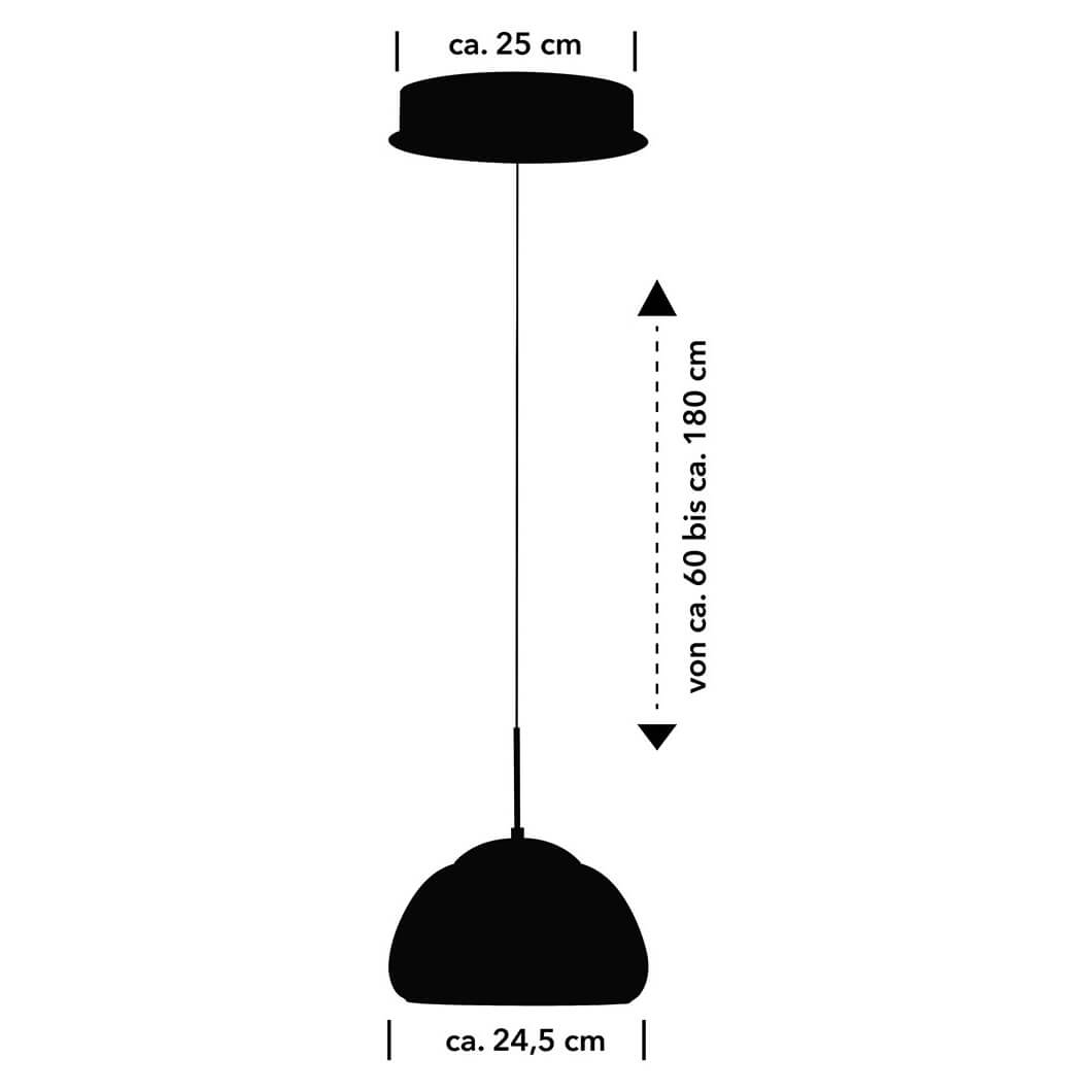 Schéma de dimensions : rosace 25 cm, hauteur réglable de 60 à 180 cm