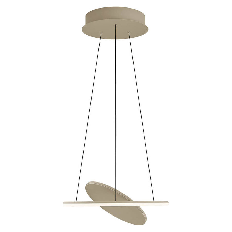 Suspension beige de face sur fond blanc, disque incliné et anneau lumineux