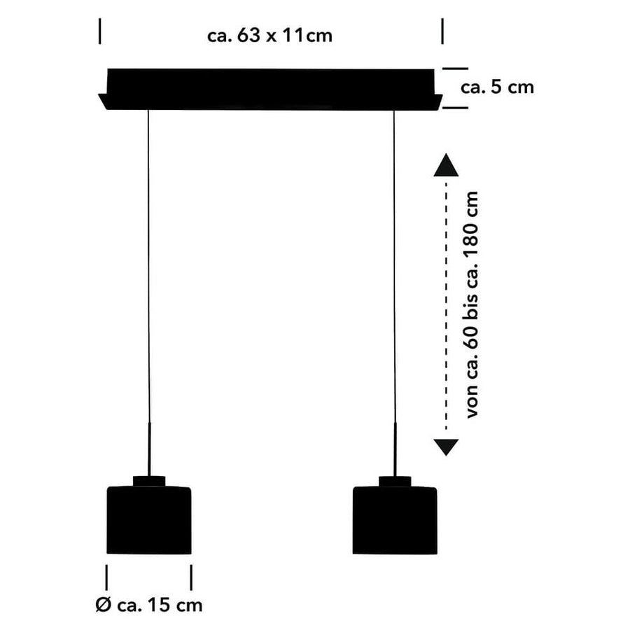 Schéma de dimensions avec largeur du support, diamètre des abat-jours et hauteur réglable.