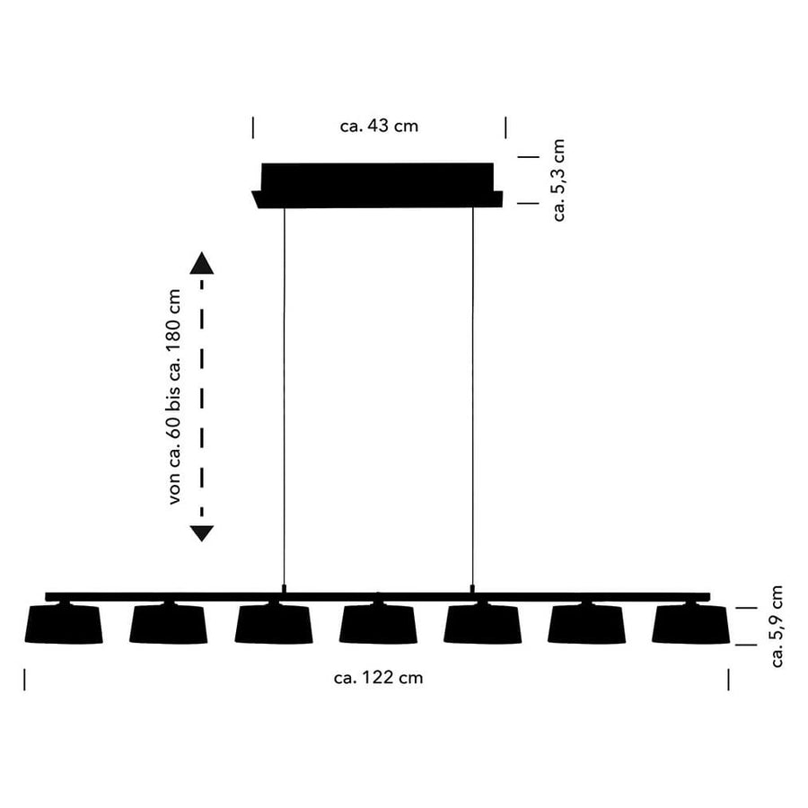 Schéma de dimensions de la suspension : largeur 122 cm, hauteur réglable de 60 à 180 cm