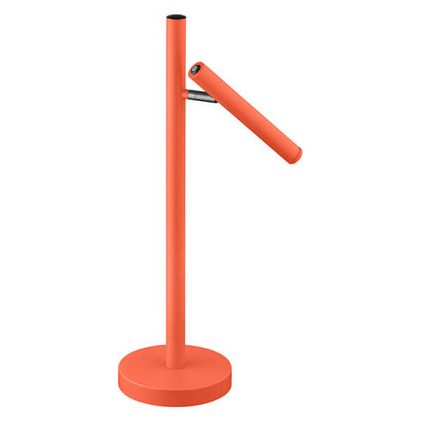 Vue de face de la lampe orange avec sa tête inclinée