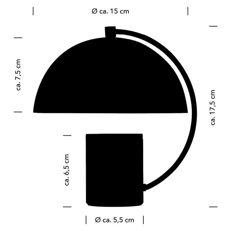 Schéma coté de la lampe indiquant hauteur 17,5 cm et diamètre 15 cm.