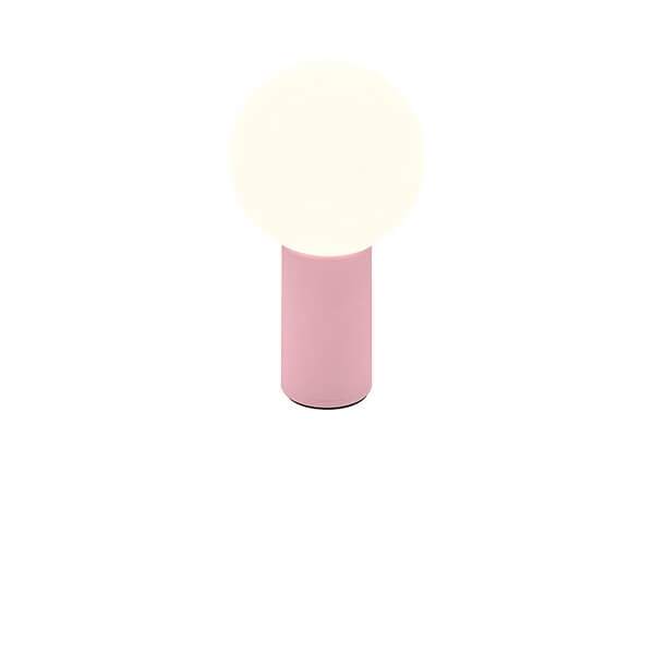 Même lampe éteinte, sphère opaline mate sur socle cylindrique rose, prise de vue frontale