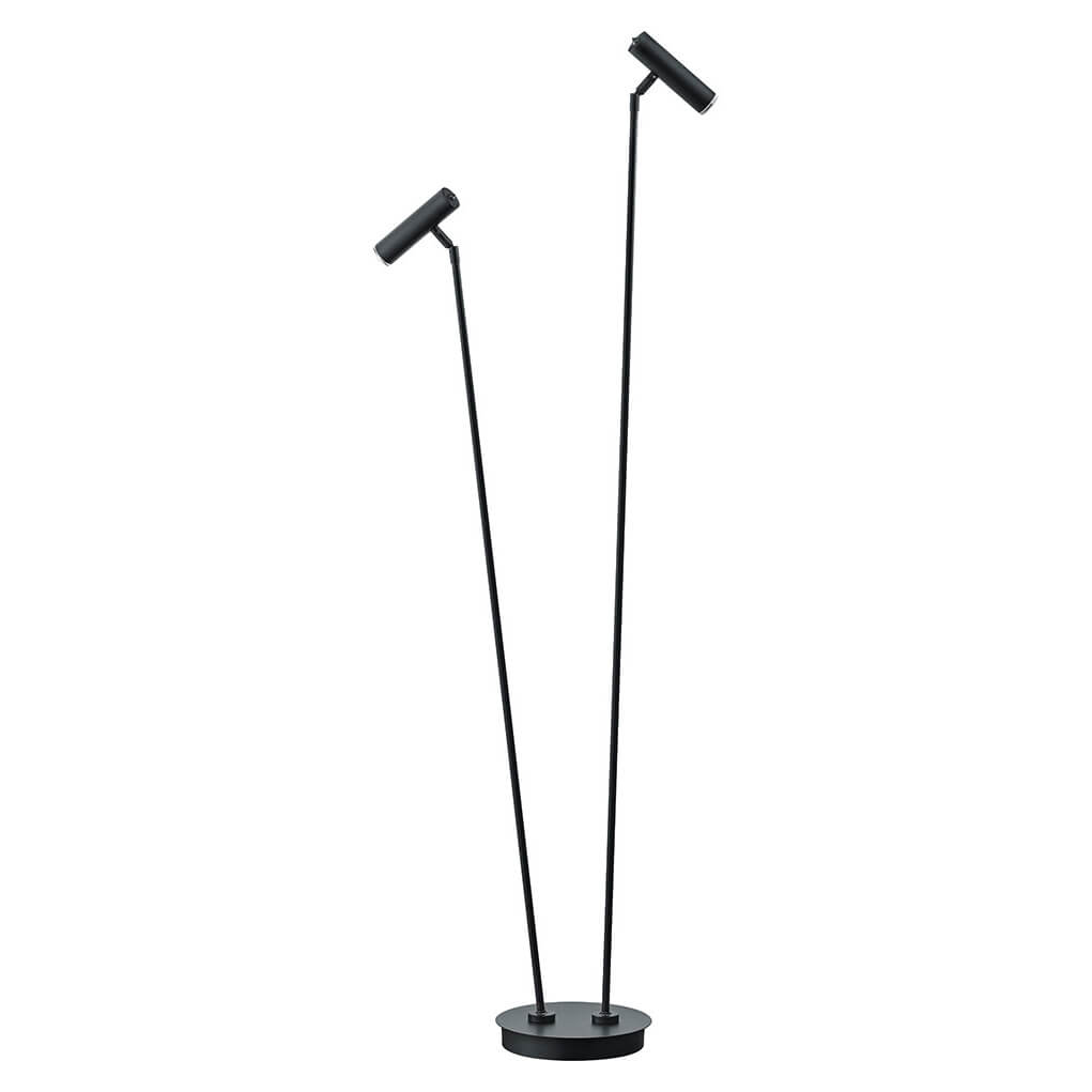 Vue de face du lampadaire, tiges fines croisées et réflecteurs cylindriques inclinés vers le haut