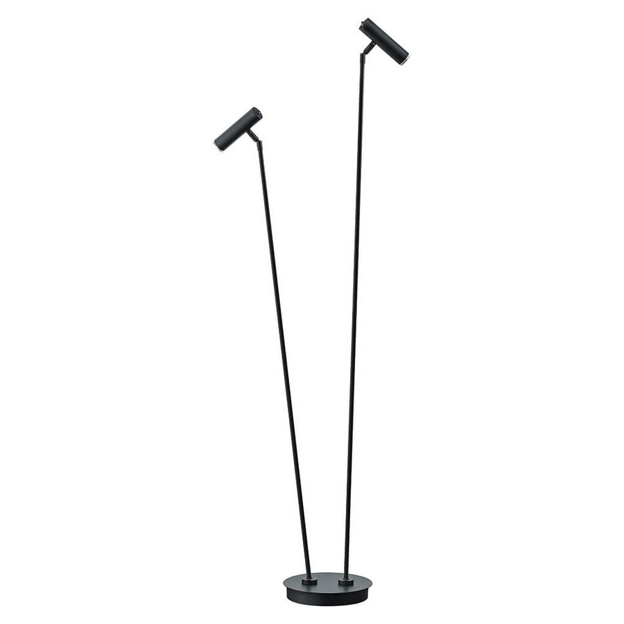 Vue de face du lampadaire, tiges fines croisées et réflecteurs cylindriques inclinés vers le haut