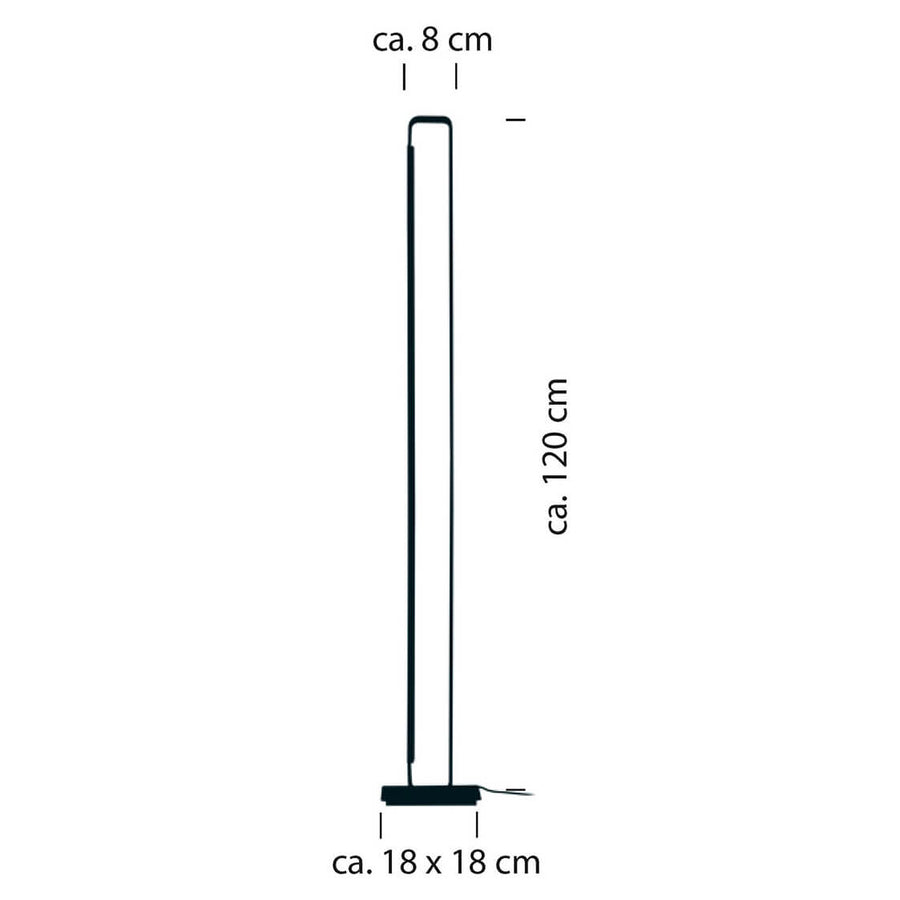 Schéma coté du lampadaire : largeur 8 cm, hauteur 120 cm, base 18 cm
