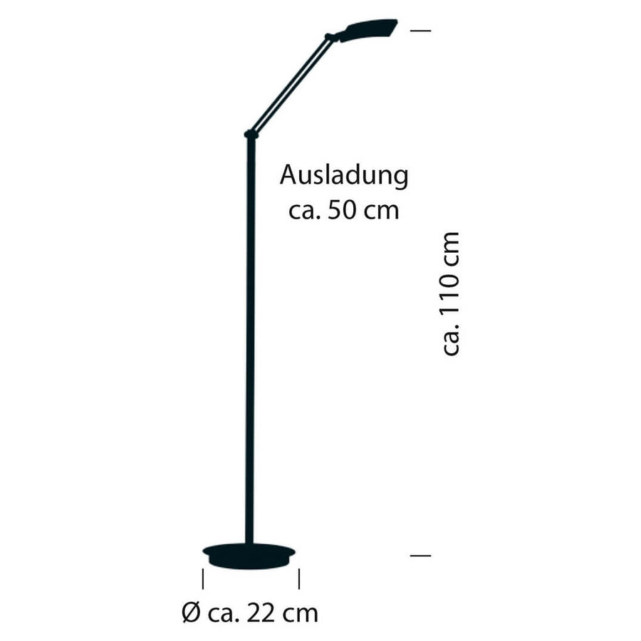 Schéma coté du lampadaire indiquant hauteur 110 cm, base 22 cm et extension 50 cm.