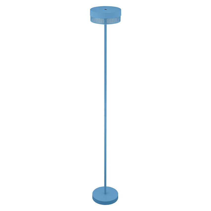 Vue en perspective du lampadaire bleu, tête ronde perforée et base circulaire