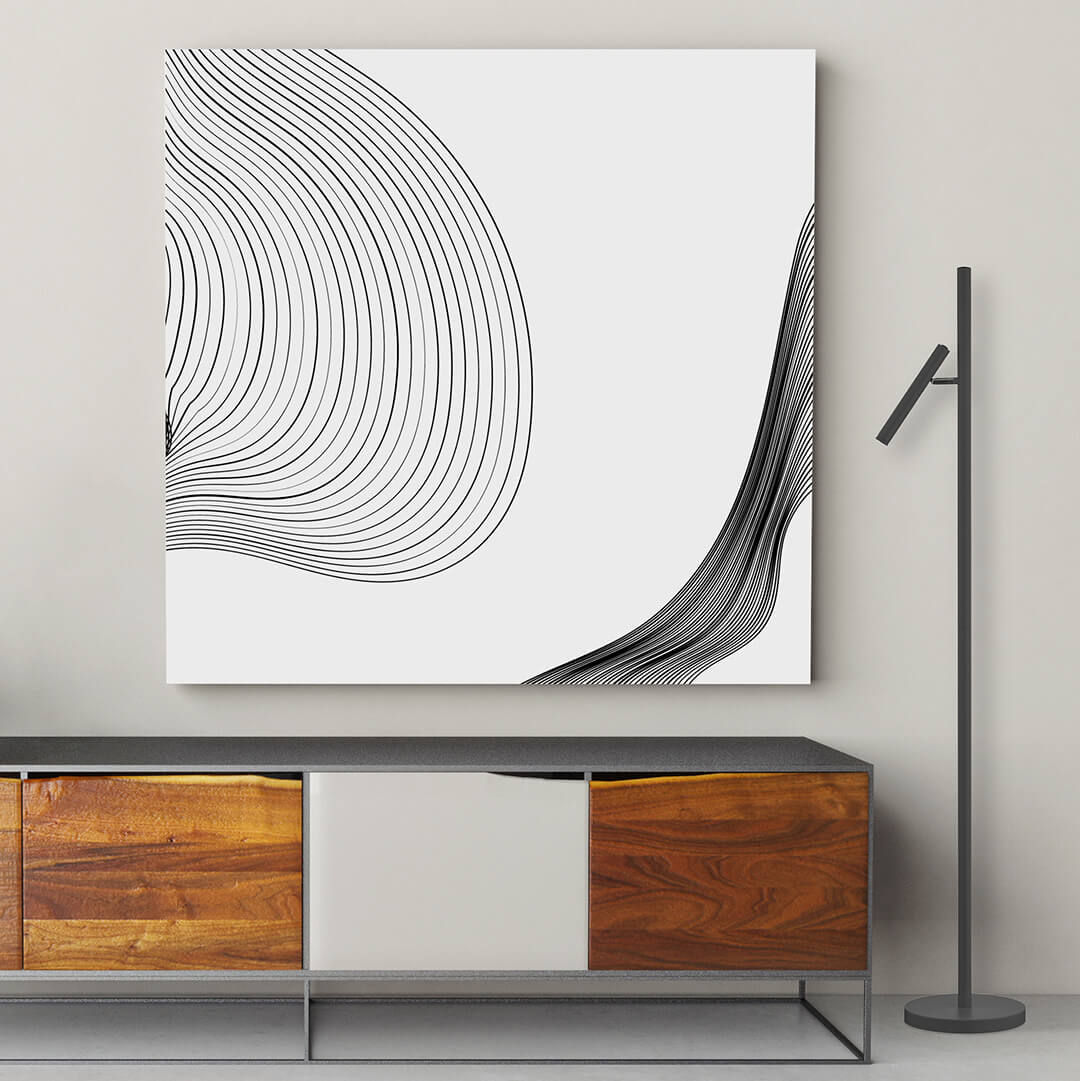 Mise en ambiance du luminaire près d'un meuble en bois et d'une toile