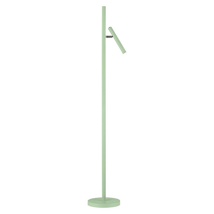 Lampadaire entier debout, base ronde verte et tête orientable relevée vers la droite