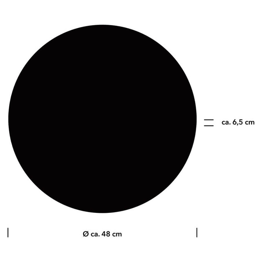 Schéma technique coté : diamètre environ 48 cm et épaisseur environ 6,5 cm du plafonnier.