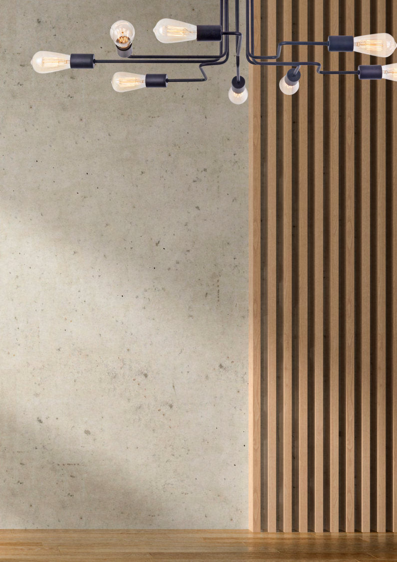Mise en ambiance du luminaire devant un mur béton et des tasseaux de bois