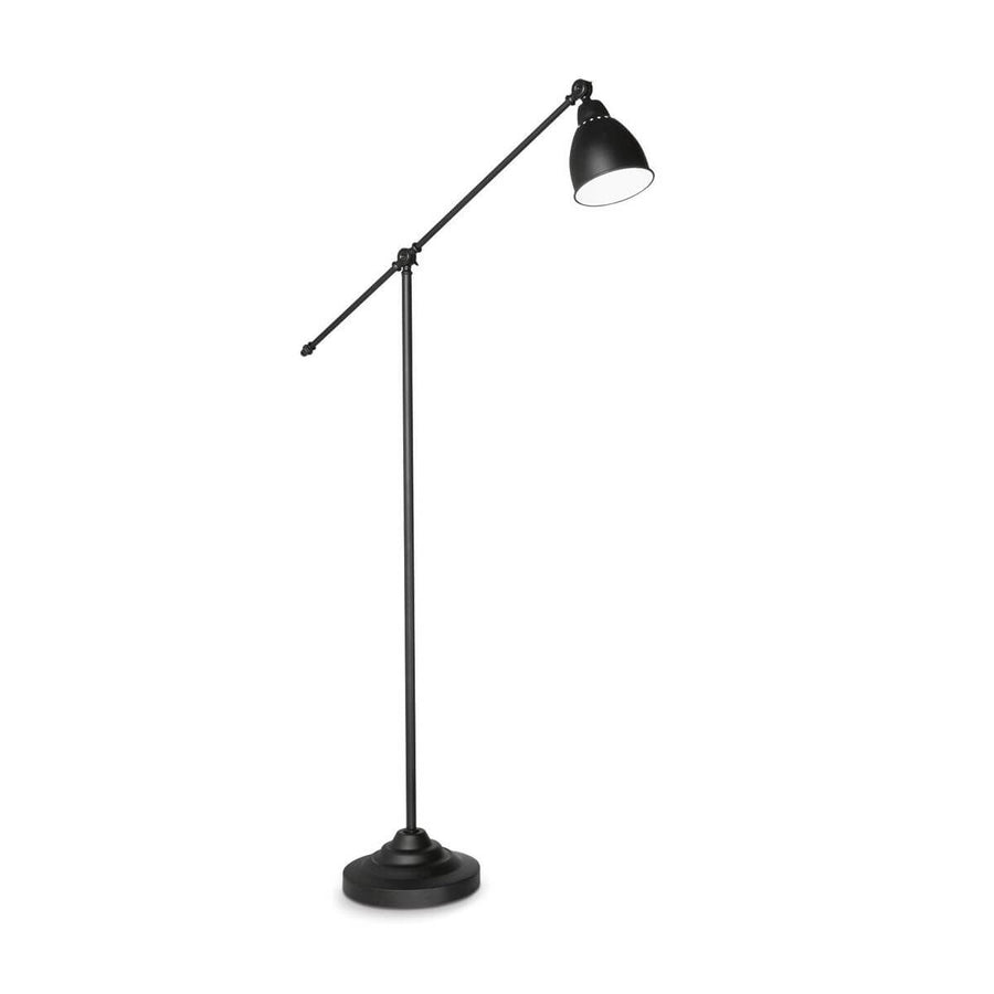 Lampadaire noir à bras articulé et abat-jour en dôme, présenté sur fond blanc.