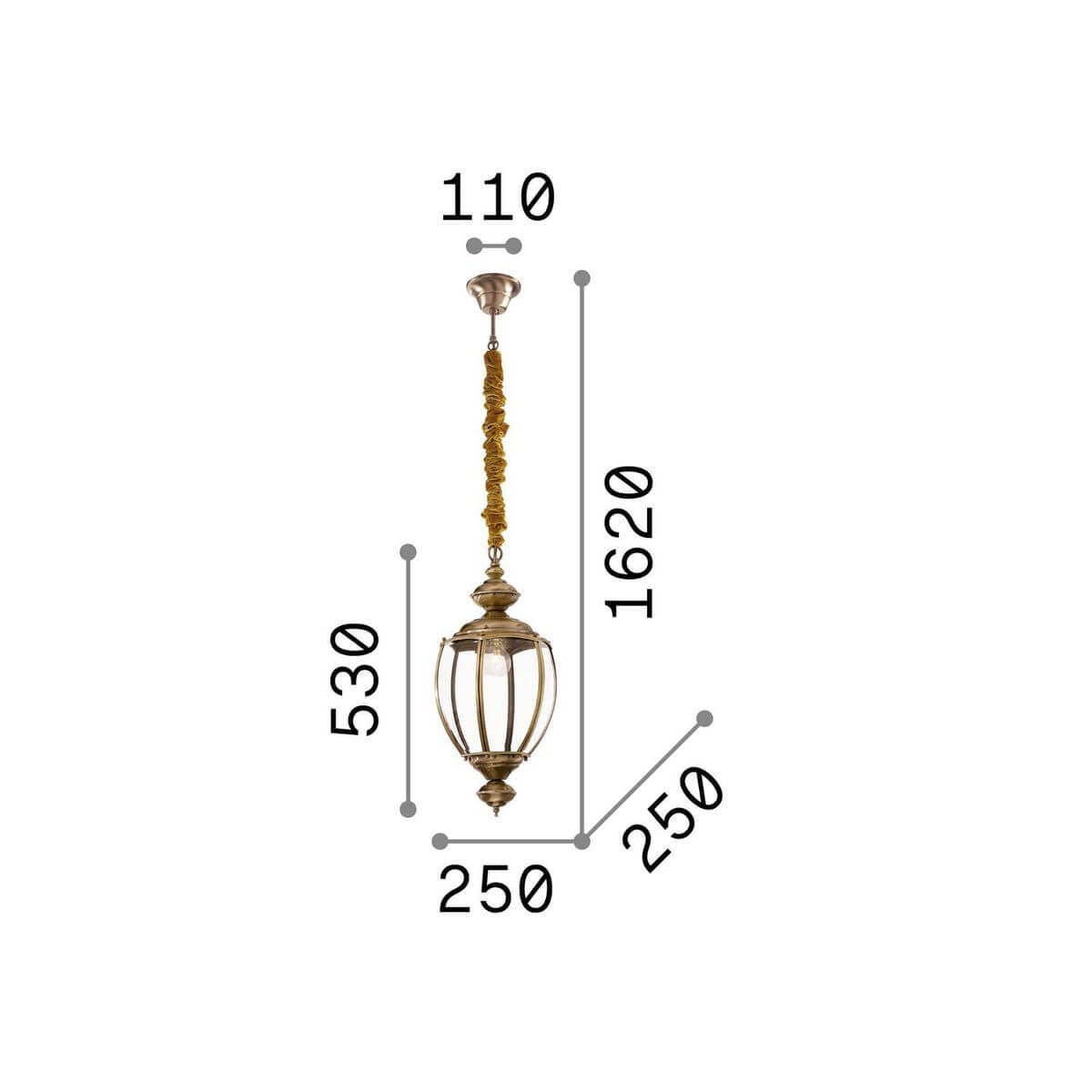 Schéma coté du luminaire : hauteur totale 1620 mm, corps 530 mm, diamètre 250 mm