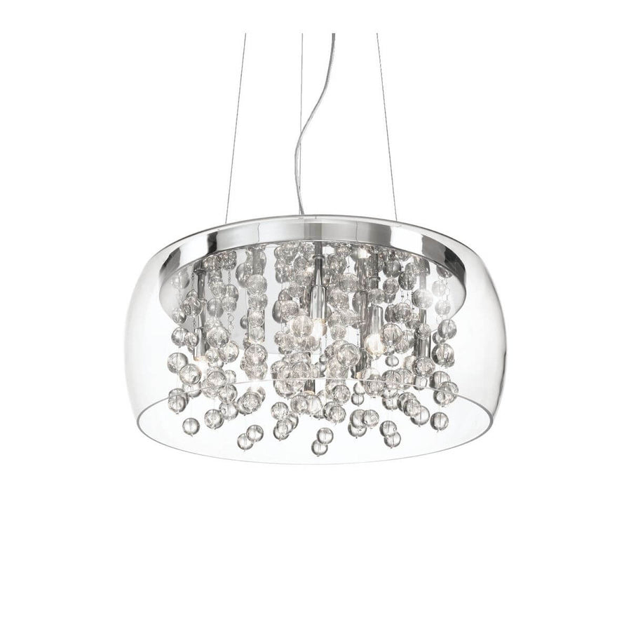Suspension en verre transparent avec boule de cristaux, produit présenté de face sur fond blanc
