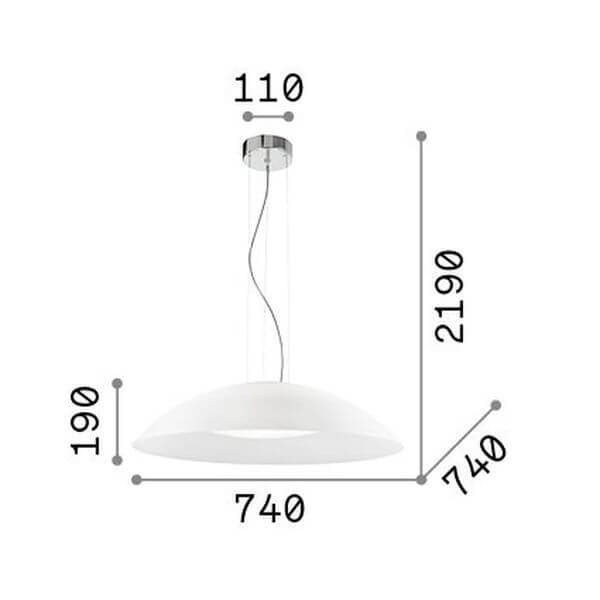 Schéma technique de la suspension avec diamètre et hauteur totales.