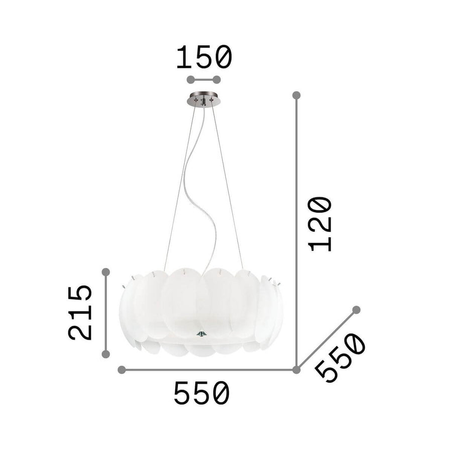 Schéma coté du luminaire : largeur 550, hauteur 215 et suspension 1200
