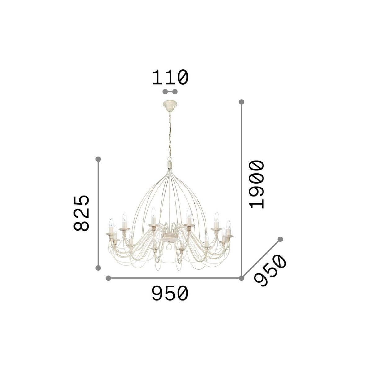 Schéma de dimensions du luminaire avec hauteur, largeur et diamètre indiqués