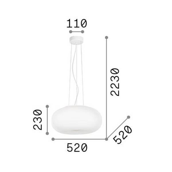 Schéma coté du luminaire avec hauteur et diamètre indiqués en millimètres