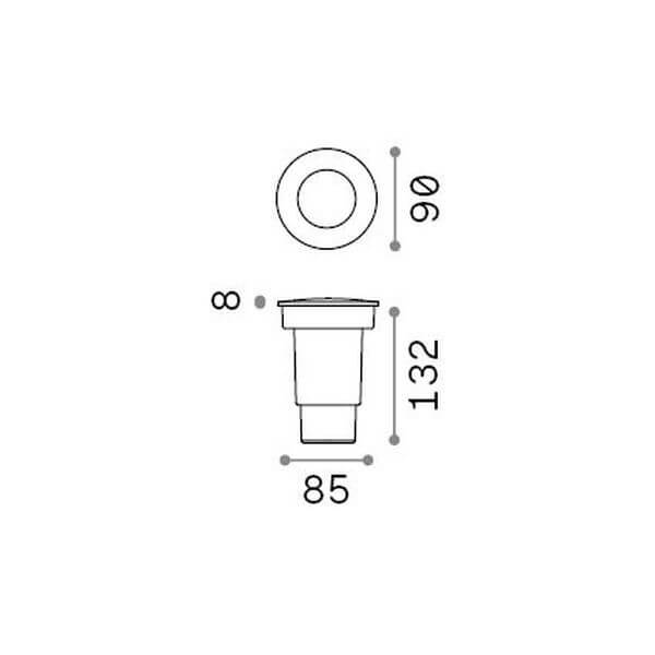 Schéma technique côté : diamètre 90 mm, hauteur 132 mm et découpe 85 mm.