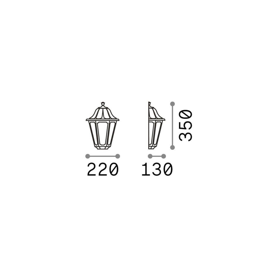 Schéma coté de l'applique avec largeur 220 mm, profondeur 130 mm et hauteur 350 mm