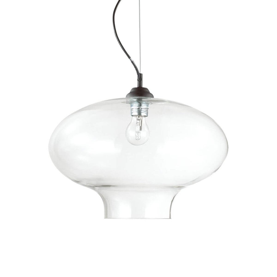 Suspension en verre transparent soufflé, forme aplatie, ampoule visible, vue de face sur fond blanc.