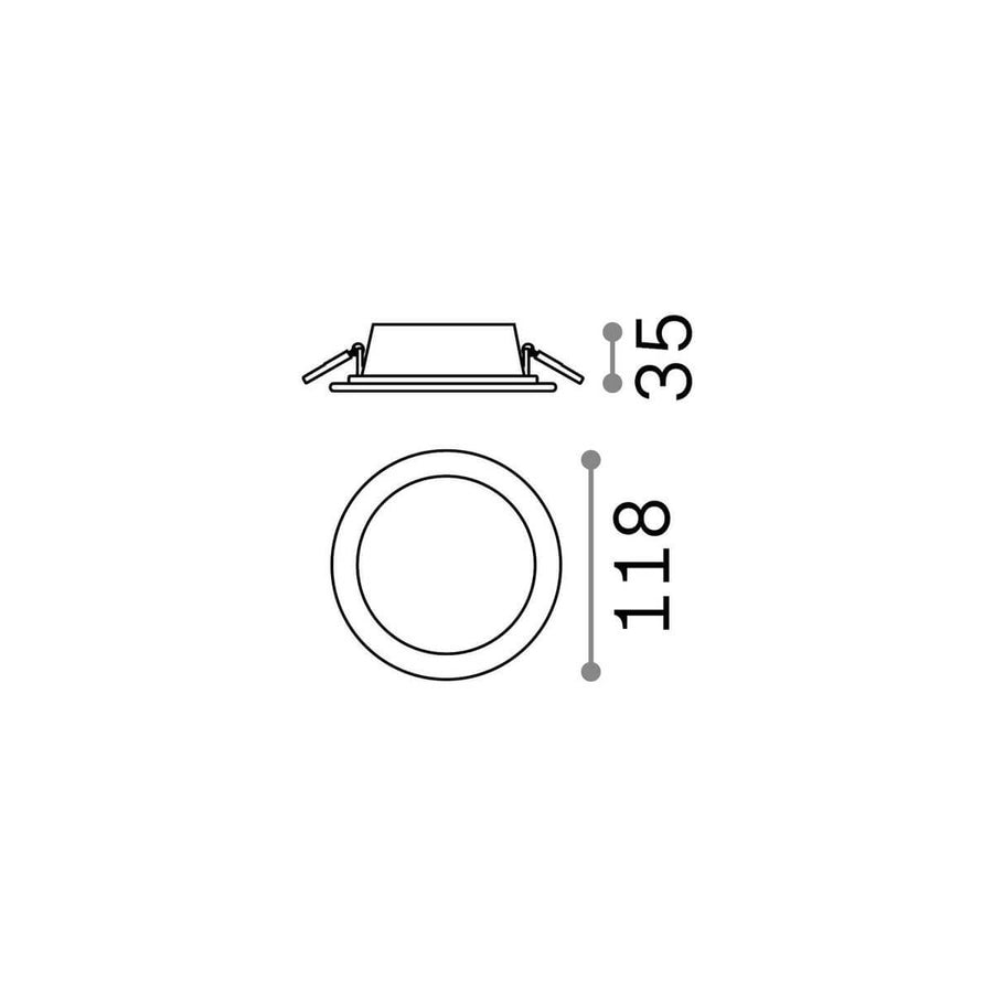 Schéma technique coté : diamètre 118 mm et hauteur totale 35 mm du spot