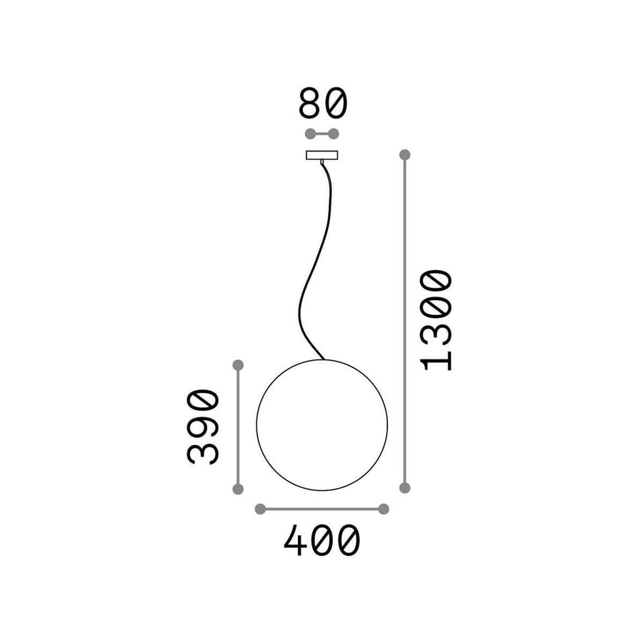 Schéma coté du luminaire : diamètre 400 mm, hauteur 1300 mm, rosace 80 mm