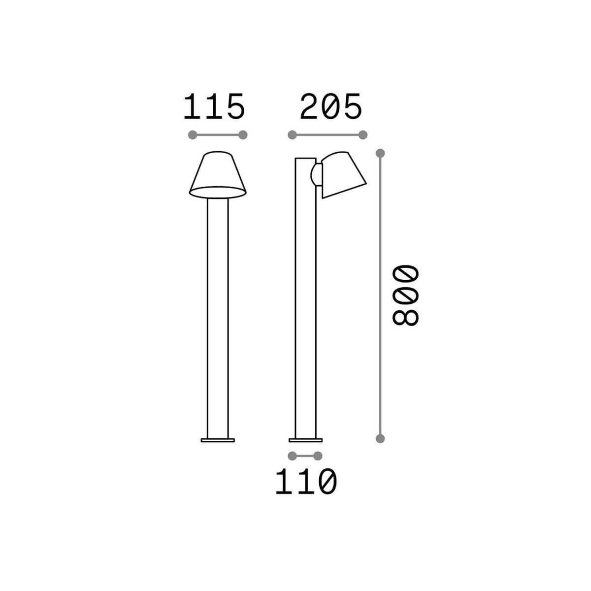 Schéma coté du lampadaire extérieur anthracite, hauteur 800 mm, largeur 115 mm et profondeur 205 mm