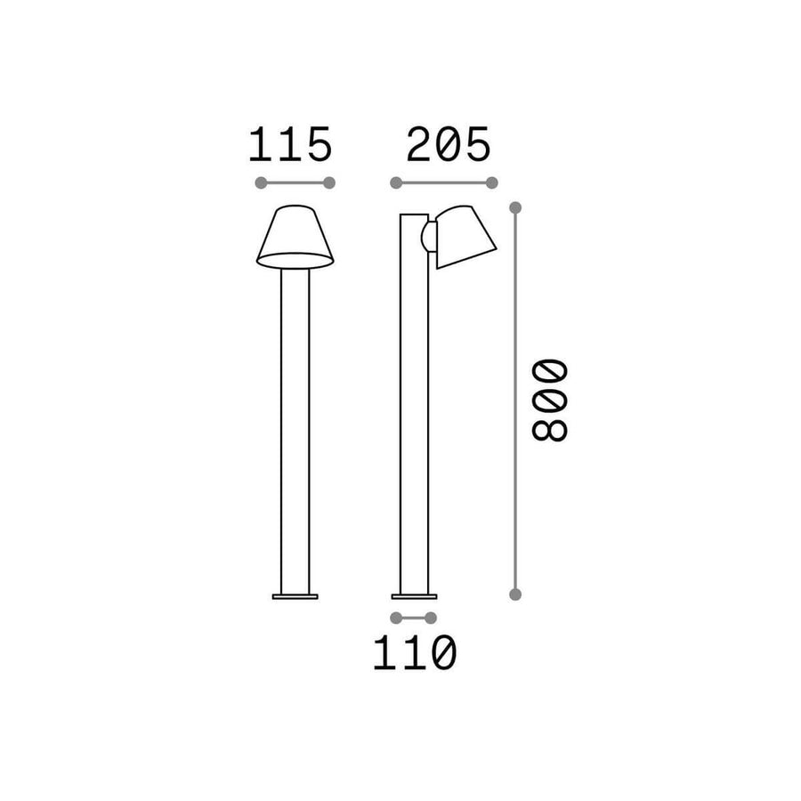 Schéma coté du lampadaire extérieur anthracite, hauteur 800 mm, largeur 115 mm et profondeur 205 mm