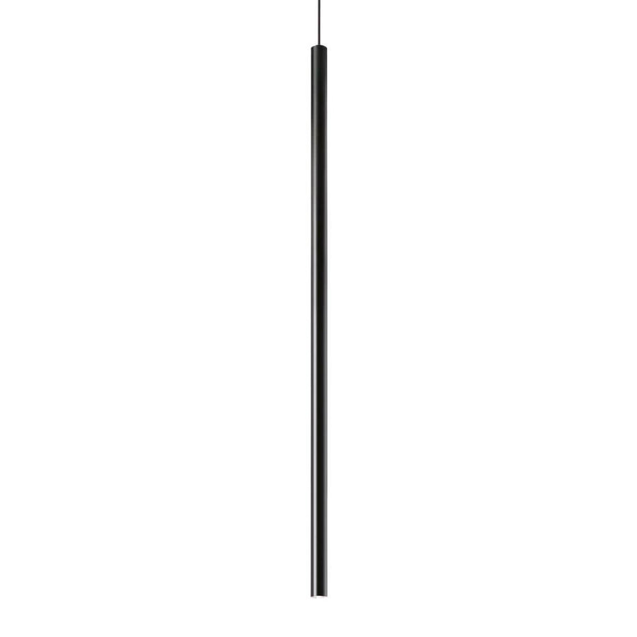 Suspension noire ultra-fine vue de face sur fond blanc neutre