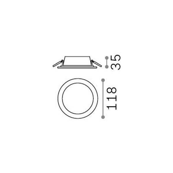 Schéma technique du spot rond avec ressorts de fixation, cotes 118 et 35 mm.