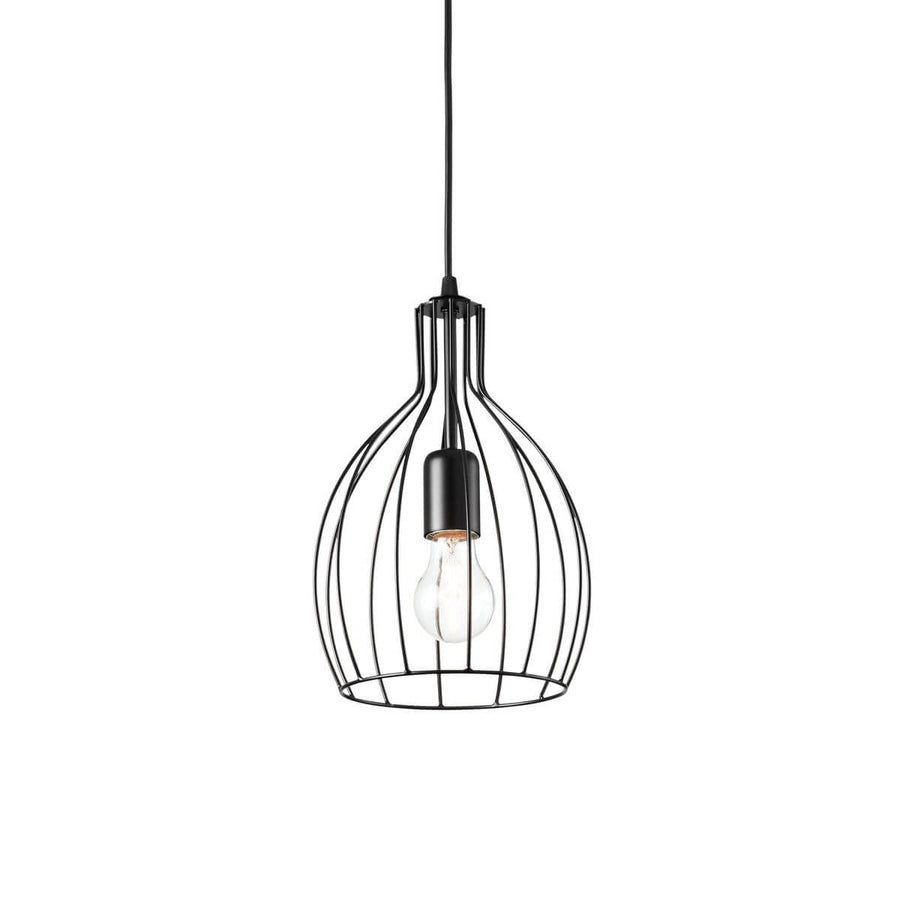 Suspension noire en fil métallique formant une cage, ampoule visible, fond blanc