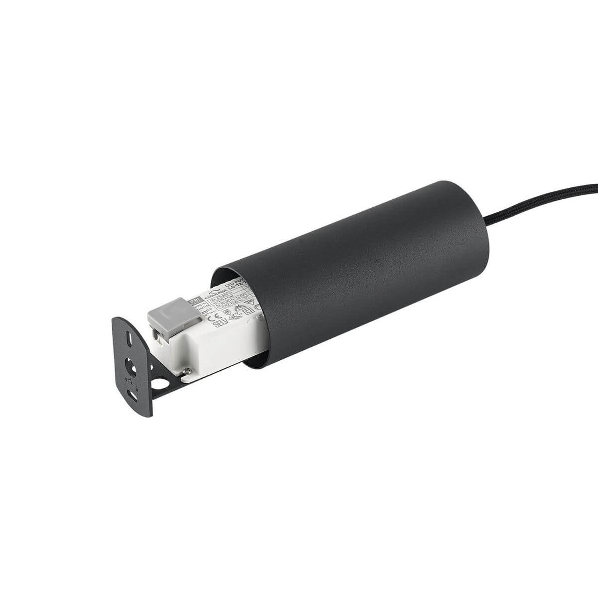 Détail du boîtier cylindrique noir abritant le driver LED et son support mural
