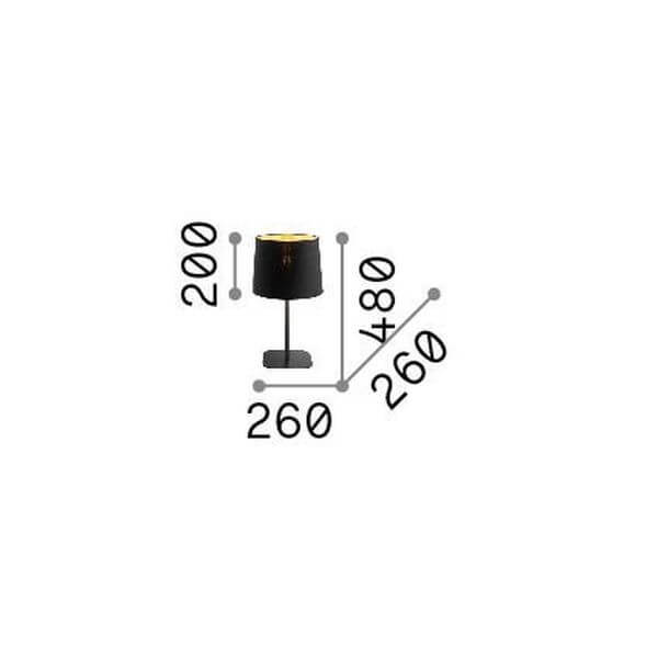 Schéma de dimensions de la lampe : hauteur 480 mm, abat-jour 200 mm, base 260 mm.