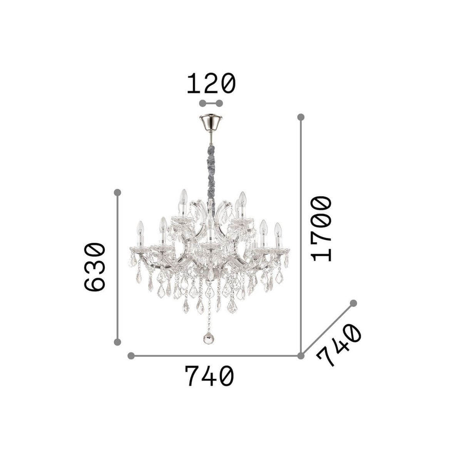 Schéma coté du luminaire : largeur 74 cm, hauteur 170 cm, rosace 120