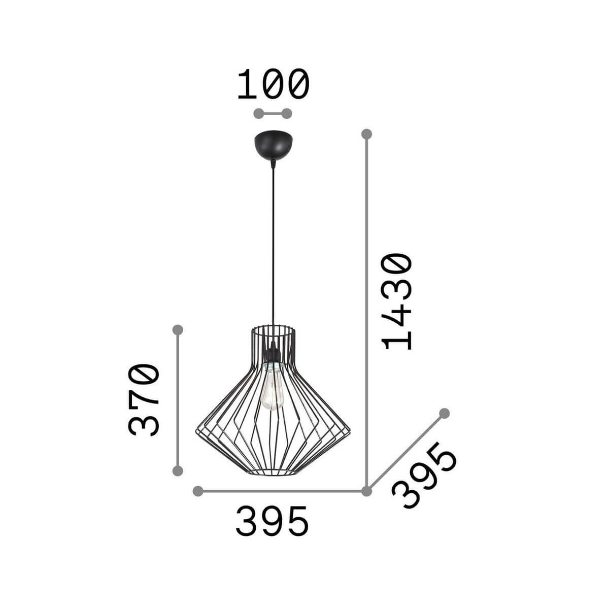 Schéma de dimensions du luminaire avec hauteur totale, diamètre et hauteur d'abat-jour