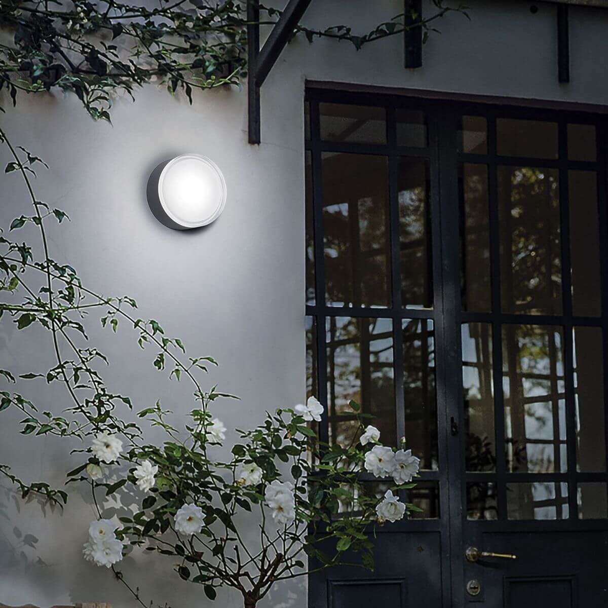 Mise en ambiance nocturne sur façade claire, près d'une porte vitrée et de rosiers