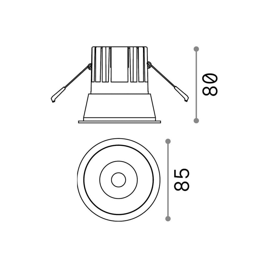Schéma technique coté montrant le profil et la vue de dessus, diamètre 85 mm