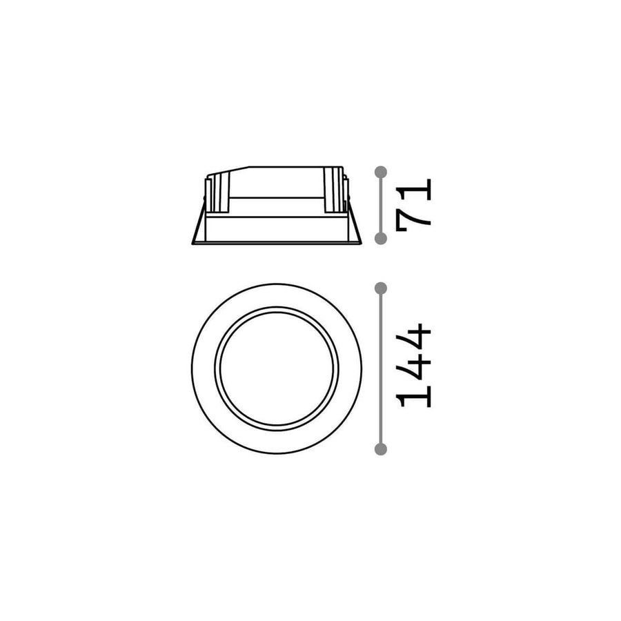 Schéma coté du spot rond : diamètre 144 mm, hauteur 71 mm.